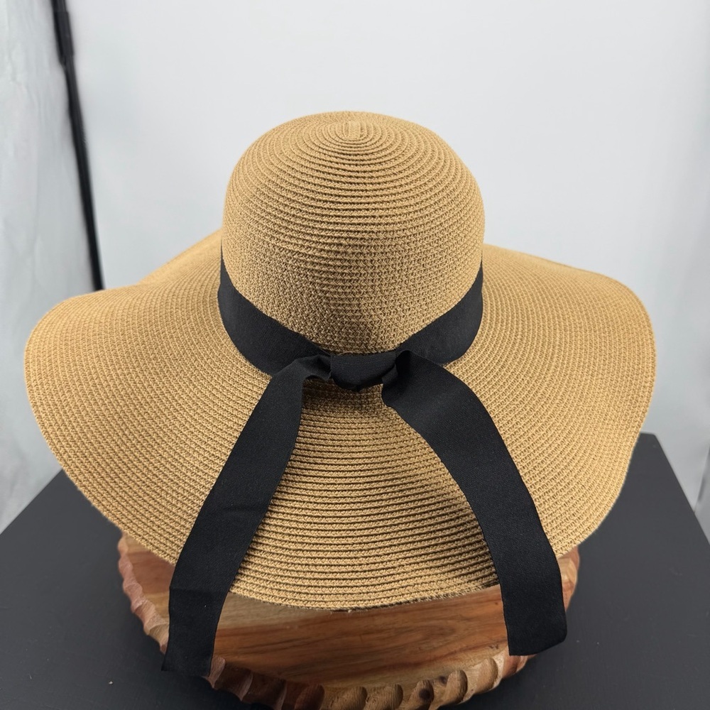 Furtalk wide-brimmed sun hat straw black tie band sz M beach swim summer‎